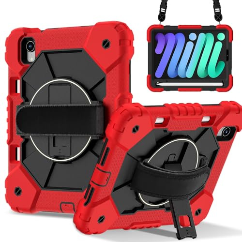 Custodia protettiva resistente compatibile con iPad mini 7 (A17 Pro) 2024, antiurto, resistente, ibrida, supporto girevole, cinturino staccabile e portamatite integrato, silicone antigraffio PC
