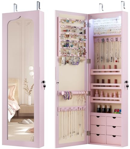 COSTWAY Specchio Portagioie con 5 Luci, Armadio Portagioie a Muro (Rosa) | a Parete, 6 Cassetti, Mobile Organizer Gioielli con Serratura, per Soggiorno Camera da Letto