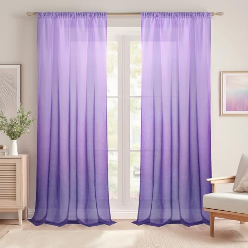 DWCN Farbverlauf Voile Gardinen mit Kräuselband 2er Set H245 x B140 cm Lila | Ombre Vorhänge mit Schienensystem, Lüftiger Stoff, Schiebevorhänge Deko Modern für Fenster Wohnzimmer Schlafzimmer Balkon