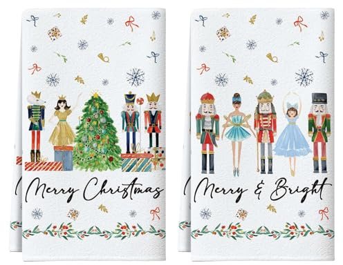 JOTOM Nutcracker Merry Christmas Kitchen Towels 45x65 cm Xmas Tree Winter Holiday Dish Towels for Kitchen Xmas Decoration Hand Towel Set of 2