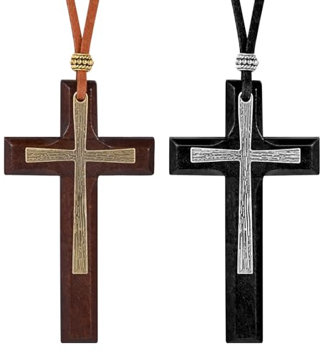 INFINIONLY Holz kreuz Ketten Halskette mit Baumwollkordel Klassischer Doppelschichtiger Großer Kreuzanhänger für Damen und Herren Fashion Sautoirs, 2 Stück Set
