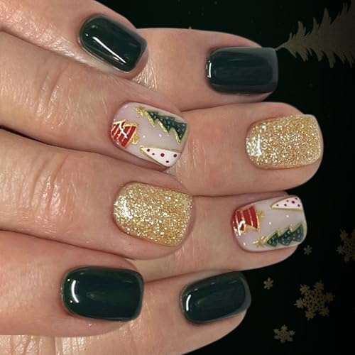 Lot de 24 faux ongles à paillettes pour sapin de Noël - Vert foncé et doré