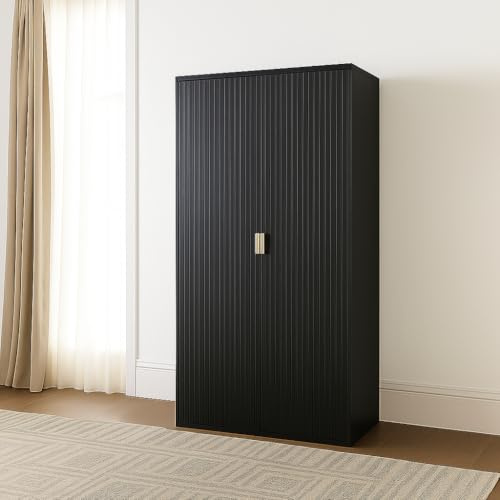 Home Treats Bedroom Furniture Set Black Wooden 2 Door Wardrobe With 1 Shelf, Hanging Rail & Gold Accents Karima Set Ridged Design (Wardrobe)