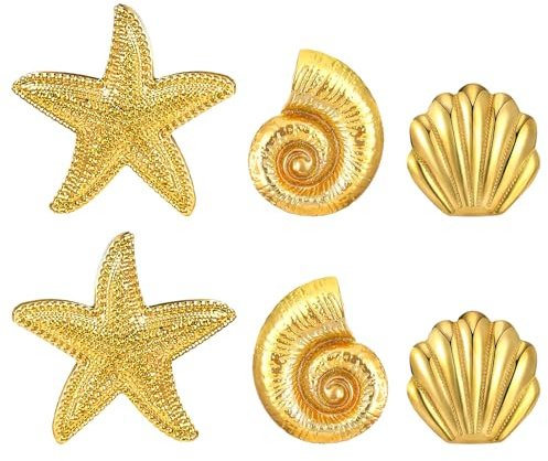 Boucles d'Oreilles Femme Plage, Boucle Oreille Coquillage, Boucles d'Oreilles Étoile de Mer, Boucle d Oreille Été, Boucle Oreille Puces Or pour Vacances Accessoires Plage, Cadeau d'Anniversaire