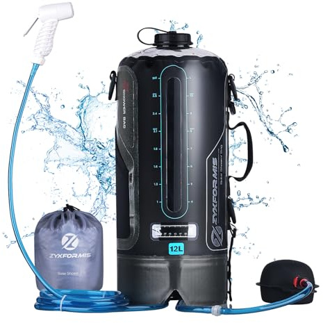 Zyxformis Douche de Camping Portable 12 L avec thermomètre et Pompe à Pied | TPU résistant, poche pliable, fenêtre transparente, double raccord, tuyau amovible, débit réglable, randonnée, plage, animaux