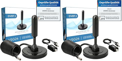 VSG24 DVBT2 Antenne mit Verstärker 36Dbi+ HDTV Zimmerantenne für Fernseher, max. Signalqualität durch ALU-Kern, 5m Kabel DVB-T2 Antenne Fernseher freenet tv innen außen (Packung mit 2)