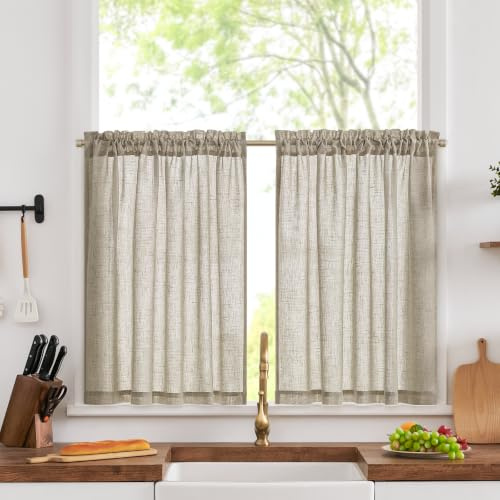TOPICK Bistrogardine 2er Set Scheibengardinen küchengardinen H75xB90 Taupe | Blickdicht Scheibengardinen modern Leinenoptik Lichtdurchlässig Gardine für Küchenfenster kurz Vorhänge Küche Landhausstil