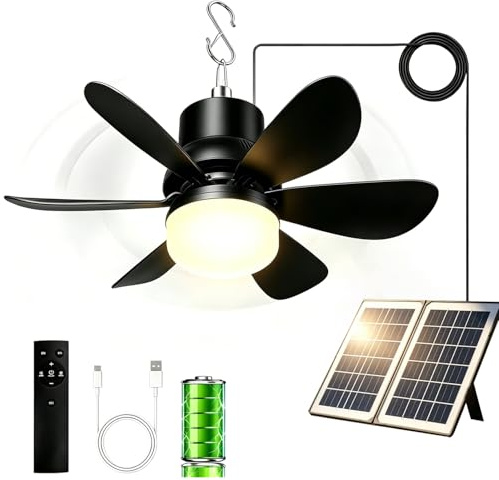 DTSDWA Ventilatore da soffitto solare con illuminazione, ventilatore da campeggio portatile con telecomando, batteria da 10000 mAh, lampada mobile con ventola, 3 temperature di colore regolabili