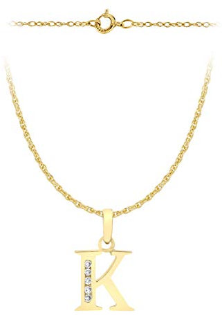 CARISSIMA Women's 9 ct Yellow Gold Cubic Zirconia 10 x 12 mm Initial K Pendant on 9 ct Yellow Gold 0.4 mm Prince of Wales Chain Necklace of Length 46 cm/18 Inch