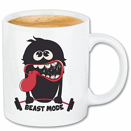 Reifen-Markt Kaffeetasse LUSTIGES MONSTER BEIM GEWICHTHEBEN BODYBUILDING KRAFTSPORT BODYBUILDER MUSKELKATER HANTELSTANGE ERSCHÖPFT Keramik 330 ml in Weiß