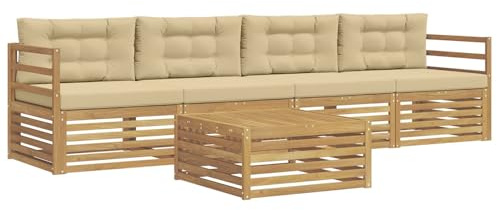 vidaXL Outdoor-Sofagarnitur 5 pcs Weiß und Beige Massivholz Akazie, Gartenmöbel, Moderne Sitzgruppe, L-förmiges Sofa für Terrasse, relaxen im Lounge-Stil