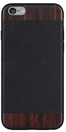 iATO Case for iPhone 6s Plus / 6 Plus. Unique & Classy Black Saffiano Leather & Real Natural Bois de Rose Wood