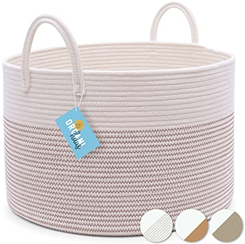 OrganiHaus Large Laundry Hamper, Baby Hamper, Toy Storage Baskets, Woven Basket for Kids, Round Rope Basket for Storage, Toy Basket, Ironing Basket, White Blanket Basket, Shoe Basket 50x33cm