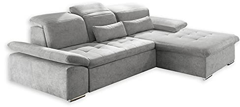 Stella Trading WAYNE Ecksofa mit Schlaffunktion, Stoffbezug Silber - Ausziehbare Eckcouch mit verstellbaren Armlehnen und Kopfteilen - 276 x 81(104) x 188 cm (B/H/T)