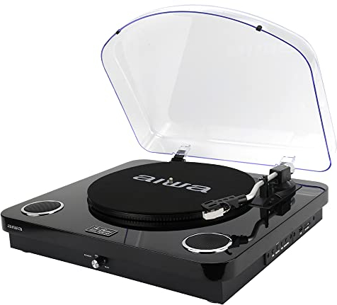 AIWA - GBTUR-120BKMKII Giradischi con Amplificatore e radio FM, 33-45-78 giri, Ritorno Automatico, Speaker 2x5W RMS, Bluetooth 5.0-10 m, Player USB/SD Card, Alimentazione Adapter, Colore Nero