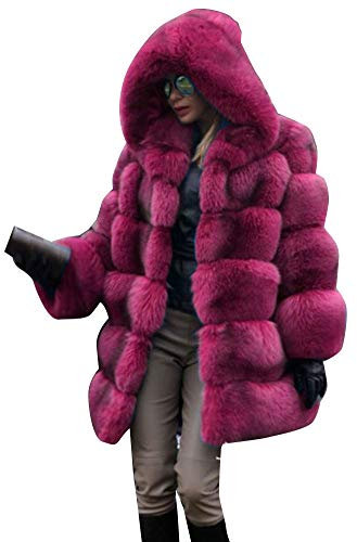 YAOTT Donna Autunno Inverno Caldo Elegante Pelliccia Sintetica Manica Lunga Cappotto con Cappuccio Parka Cappotti Trench in Cardigan Tinta Unita Rose XL