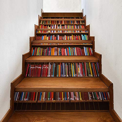 A.Monamour 3D Self-Adhesive Stair Riser Decals Stickers Old Sweden Public Library Book Shelf Bookcase Removable Vinyl Stair Stickers Kitchen Tile Stickers Mural Wall Stickers Wallpaper 6 PCs