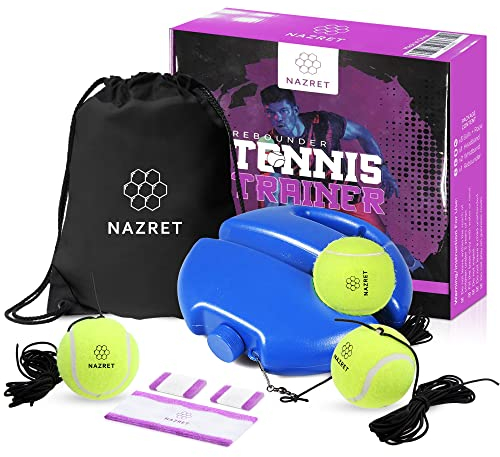 NAZRET Tennis Trainer Rebounder Set - Solo Tennis Trainer Übungsausrüstung mit einem Stirnband, Armbändern, Kordelzugtasche, 3Bälle, 3Ropes & 1 Base - Solo Tennis Trainer (Stirnband & Armband)