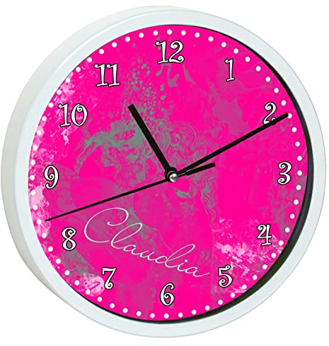 CreaDesign, Wanduhr für Kinderzimmer Traum pink, Kinderuhr weiß mit Quarz Uhrwerk, personalisiert mit Name, Durchmesser 19,5 cm