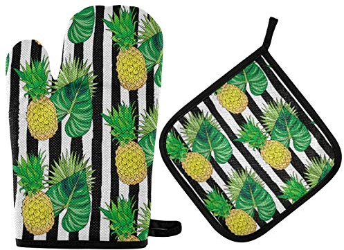 Set di guanti da forno estivi con foglie di ananas e presine per decorare la cucina, strisce bianche e nere, guanti resistenti al calore, 2 pezzi, guanti da microonde riciclati per cuocere alla