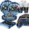 195 Pcs Video Game Party Supplies Tableware Set Serves 48 Blue Game Dinner Plates Cups Napkins Tablecloth Car Racing Disposable Dinnerwear Kit for Boys Men Racetrack Birthday Party Decoration