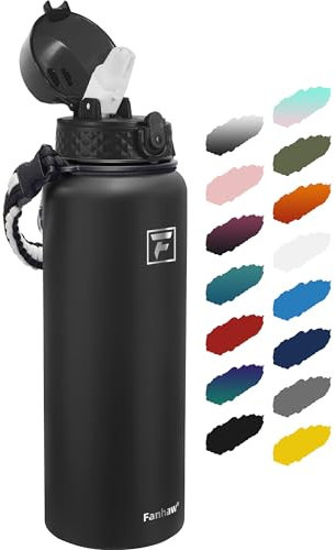 Fanhaw 1.2L Stainless Steel Insulated Sports Water Bottles with Straw for Kids, Men and Women(Black)