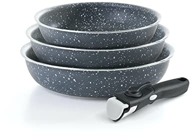Qulinart by Brandt - Batterie de Cuisine à Induction 4 Pièces - Set de 3 Poêles en Aluminium Anti-Adhésives 20, 24 et 28 cm avec Poignée Amovible - Lot pour Tout Feu - Gris Marbre