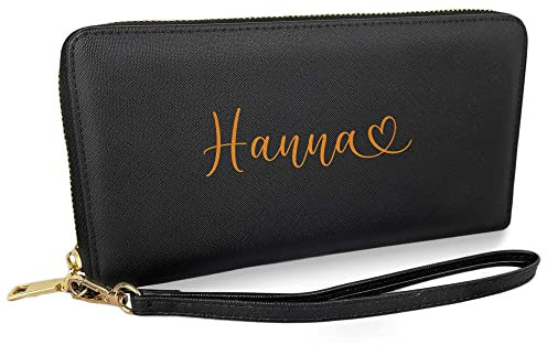 mamir home Geldbörse Damen groß personalisiert mit Name + Herz, viele Fächer, Portemonnaie schwarz Frauen, Damengeldbörse Kunstleder, Geschenk