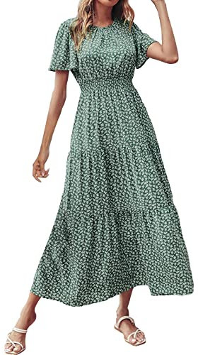 Briskorry Abito Lungo da Donna a Maniche Corte con Scollo a O con Smock in Vita Elastica Abito Estivo con svasatura Floreale Boho Vestito Fucsia