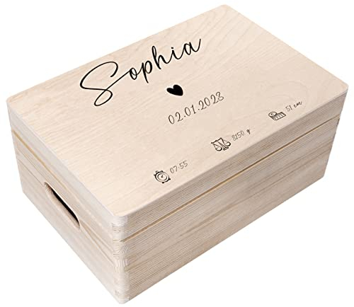 Creative Deco Erinnerungsbox Baby Personalisiert Herz mit Namen | 30 x 20 x 14 cm | Individuelle Erinnerungskiste Geschenk zur Geburt für Mädchen und Jungen | Holzkiste mit Deckel | Farbdruck