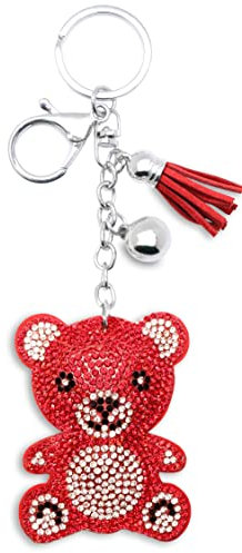 AuPra Porte-clés en forme d'ours en peluche pour femme avec strass et pompon, Rouge, M