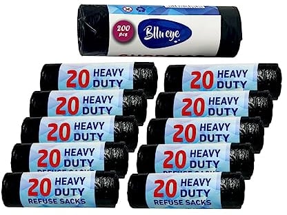BLLU EYE - Black Heavy Duty Refuse Sack - 10 kg Kitchen Bin Liners - Everyday Use - Rubbish Large Garbage Bag – Ideal for Household, Office, Gardens & Caterers - 18 x 29 x 39 inches – Pack of 100
