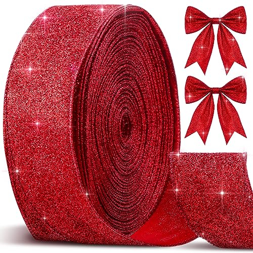 Cindeer 50 Yards Weihnachten Glitzerband Metallische Diamant Glitzer Wickelband Deko 6,3 cm Breite Weihnachtsbänder mit Draht Weihnachten Dekoratives Stoffband für Haus Geschenk DIY (Rot)