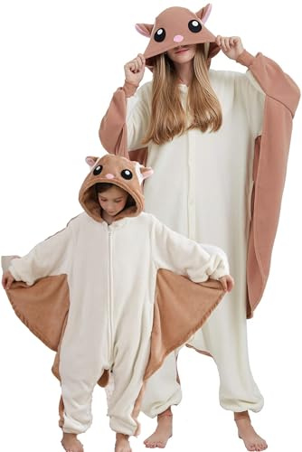 DarkCom Scoiattolo Volante Onesie per Bambini e Adulti,Pigiama Genitore-Bambino Carnevale Cosplay Halloween Costume Animale Pigiama di Natale 10-11 Anni