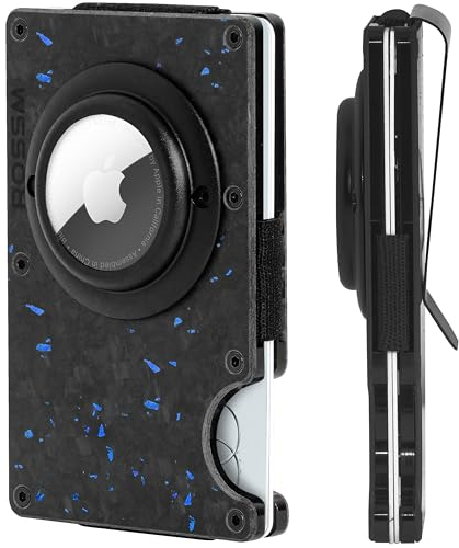 ROSSM Airtag Men's Wallet with RFID Protection - Carbon Fibre and Metal Card Case with Money Clip and Elastic Band - Slim Wallet for Men, Forged Sapphire