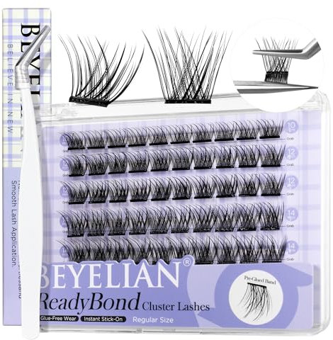 BEYELIAN Cluster Lashes Self Adhesive Eyelashes, 60 Pcs D+ Curl Pre Glued Eyelashes ReadyBond Lashes 10-16mm Mixed DIY Press on Cluster Eyelash Extensions at Home (R01)
