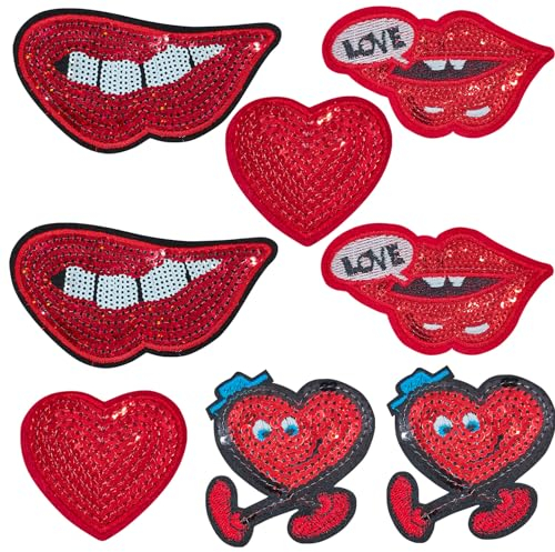 AIDVPOD Aufnäher zum Aufbügeln zum Aufbügeln, rote sexy Lippen, Herzen, zum Aufbügeln oder Aufnähen, für Kleidung, rote Glitzer-Applikation, Design für Jeans, T-Shirts, Hüte, Bastelarbeiten,
