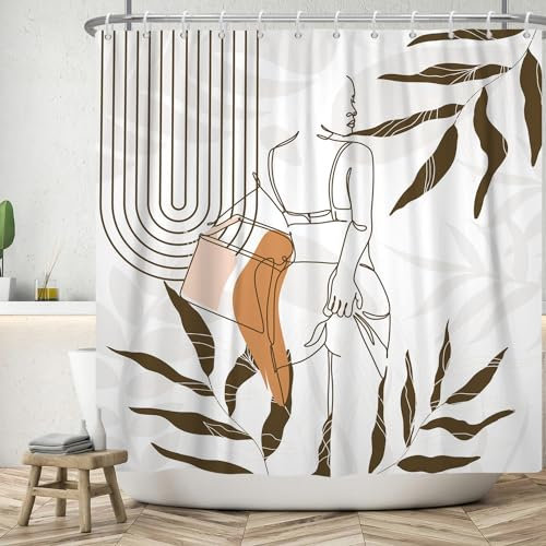 ASDCXZ Boho Duschvorhang 180x180 cm, Modern Abstrakt Boho Style Schön Lustig Mädchen Braun Blätter Weiß Bad Waschbar Duschvorhänge Polyester Textil Wasserdicht Badevorhang für Badewanne mit 12 Haken