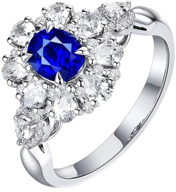 Freundschaftsringe Paar, Eheringe 65 18 Karat Weißgold AU750 Blume Lab Saphir 0.67CT Blau Ovalschliff VVS mit Diamant Weiß Gravur für Jahrestag