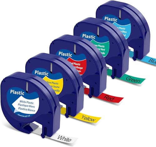 Cruxer Compatible for Dymo Letratag Refills Label Plastic Tape 12mm*4m Replacement for Dymo Printer Self Adhesive Labels Refill LT-100H Maker Machine, 91201-91205 Black on White/Yellow/Blue/Red/Green
