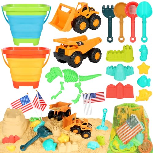 HUITEM Beach Sand Toys for Kids, 29PCS Sandbox Toys with 2 Collapsible Bucket Sand, 2 Dump Truck, Dinosaur Molds, Castle Building Kit, Shovel Sieve,Flags,Mesh Bag Travel Beach Toys for Toddler 3-10