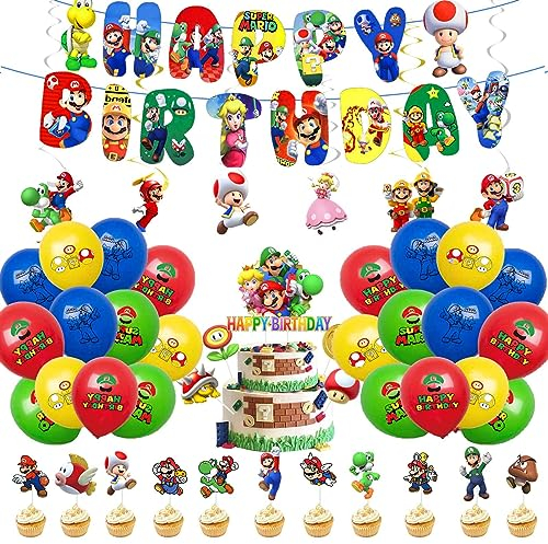 48Pcs Luftballon Geburtstag Deko Jungen Mädchen Ma- rio Ballon Geburtstagsdeko Super Bros Happy Birthday Banner Cake Cupcake Toppers Hängen Wirbel für Kindergeburtstag Party Supplies Deko