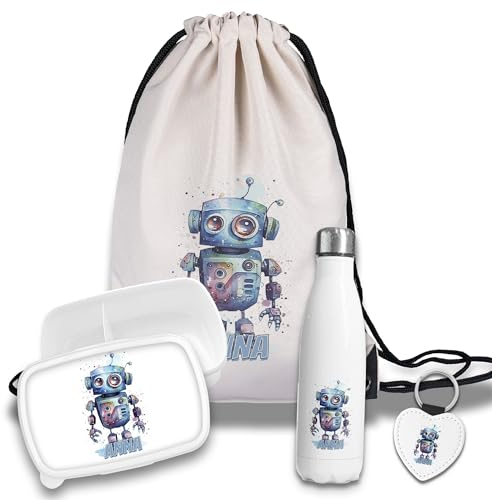 Kinder Schulset Brotdose, Trinkflasche, Turnbeutel personalisiert mit Namen | Set Wasserflasche Edelstahl | Lunchbox mit Trennwand | Geschenk zur Einschulung & Kindergarten | 16 - Roboter