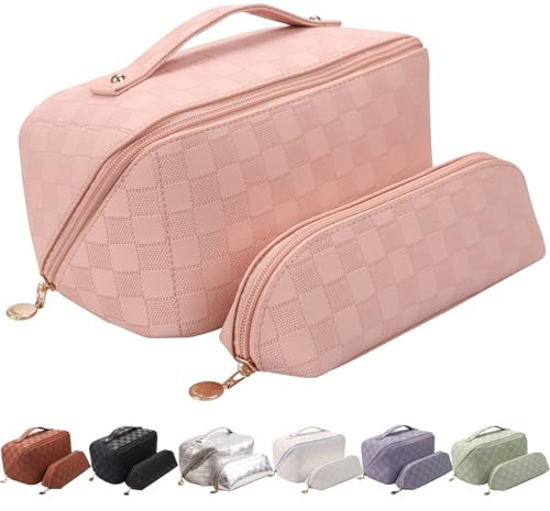 Abiudeng Kosmetiktasche Set,Kulturbeutel-Damen,Kulturtasche,Reise Make up Tasche,Kosmetiktasche,Groß Makeup Bag,Wasserdicht Schminktasche mit Fächern,PU Leder für Frauen,2 Pcs-B-Rosa