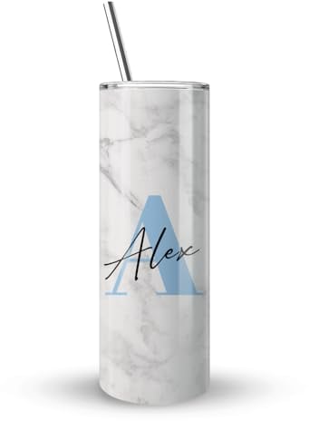 Personalised Initial with Name, Marble Alphabet Tumbler, 20 OZ Stainless Steel Skinny Tumbler, Double Walled Vacuum Insulated with Closed Lid and Metal Straw.