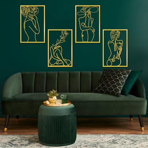 WATUNID 4 Stück Metall Wandkunst Dekor, Minimalistisch Abstrakt Wanddeko Metall, Wandkunst Einzeilige Kunst Zeichnung, Moderne Gold Wandskulpturen zum Aufhängen für Wohnzimmer Zuhause Schlafzimmer