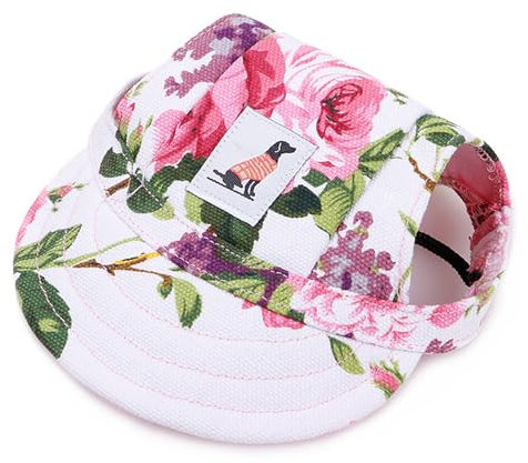 LATRAT Hunde Baseballmütze, Basecap Verstellbar Sonnenschutz Hut Hundecap mit Ohrlöchern Sommer Schattierungshut Outdoor (Flower, L)