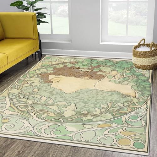 Teppich Art Nouveau Efeu Waschbarer Teppich Wohnzimmer, Antibakteriell 120 x 180 cm Antirutschunterlage Küchenteppich für Schlafzimmer Esszimmer Grün