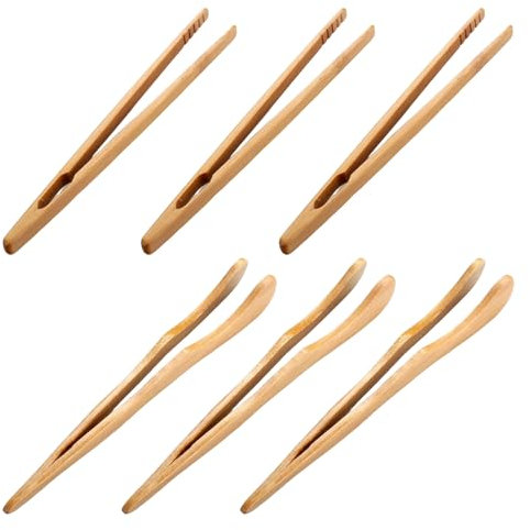 6pcs Bamboo Toast Tongs with Anti Slip Design, Wooden Tongs for Toaster, BBQ, Fried Food, Bread, Tea