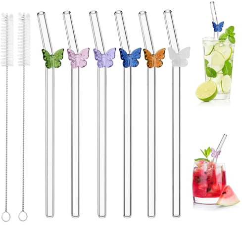 Lot de 6 pailles en verre réutilisables avec brosses de nettoyage pour jus, cocktails, smoothies, café, lait (papillon)